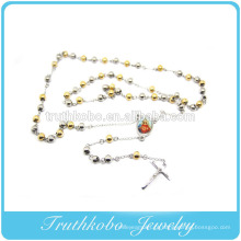 Dois tons de moda de aço inoxidável Bead orando mãe Mary religiosa Jesus cruz charme colar com revestimento a vácuo de jóias de ouro